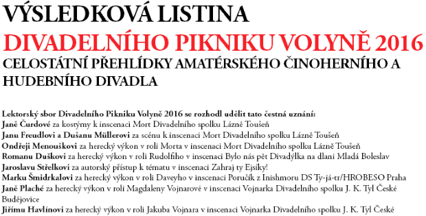 Výsledková listina Divadelního Pikniku Volyně 2016